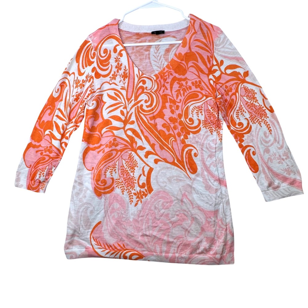 Talbots V-Neck Sweater Women M Pink Orange Paisley Floral 3/4 Sleeve Coastal Mod